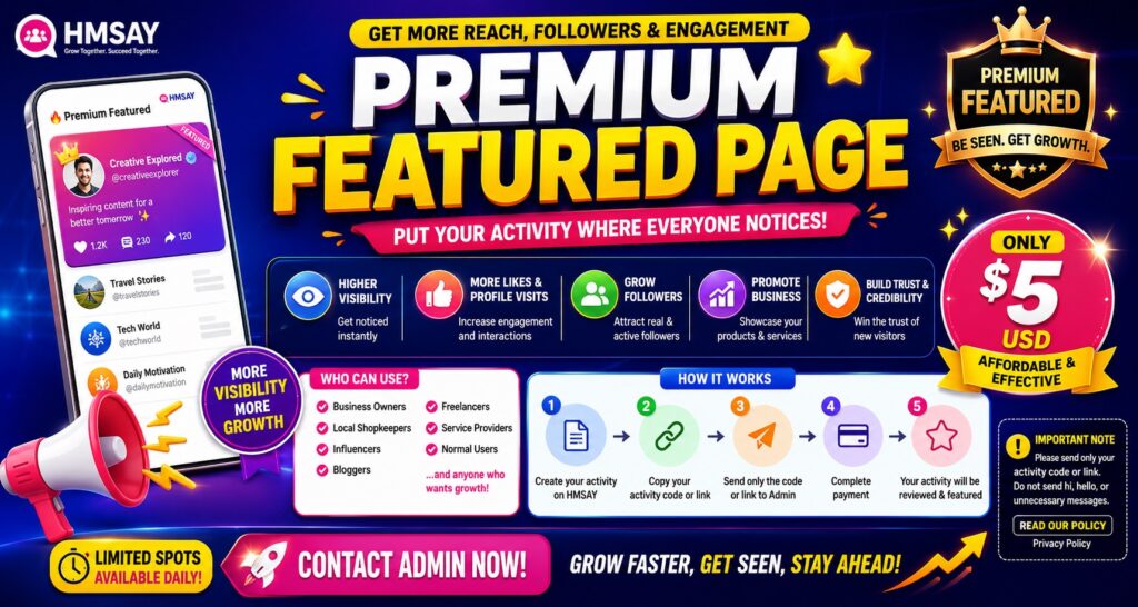 Premium Featured Page showcasing social media growth services, including higher visibility, more likes, real followers, business promotion, trust building, and an easy 5-step process starting at just $5 USD.